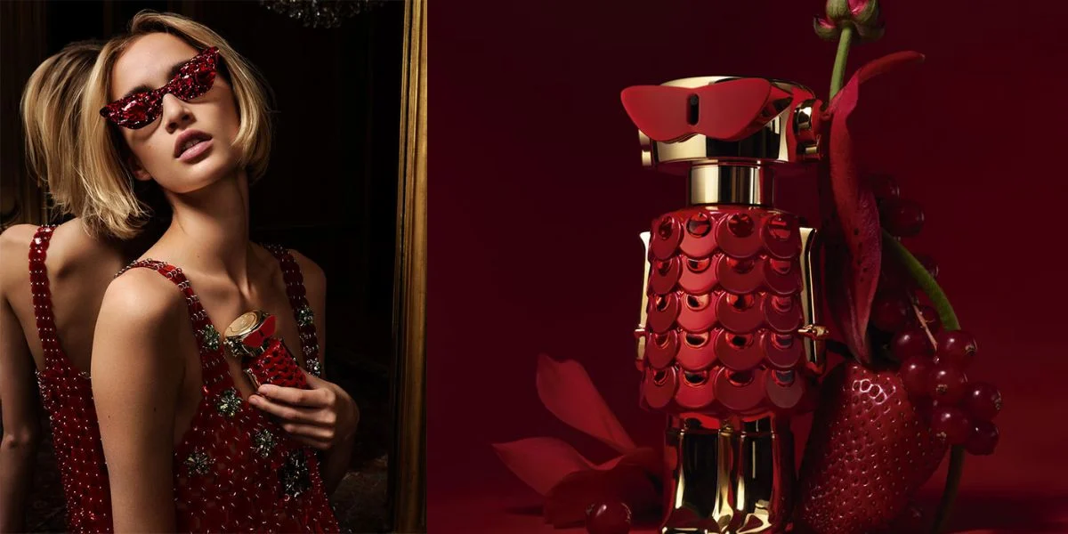 Parfum femme de luxe – femme élégante aux lunettes de soleil avec flacon rose, ambiance glamour – Dream Beauty Maroc